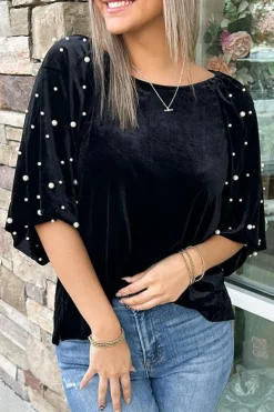 Clearance Dear-Lover Pearl Beaded Half Sleeve Velvet Top Black