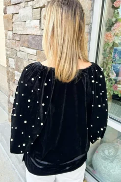 Clearance Dear-Lover Pearl Beaded Half Sleeve Velvet Top Black