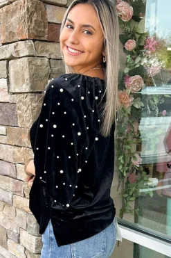 Clearance Dear-Lover Pearl Beaded Half Sleeve Velvet Top Black