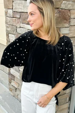 Clearance Dear-Lover Pearl Beaded Half Sleeve Velvet Top Black
