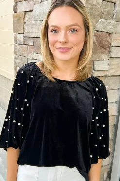 Clearance Dear-Lover Pearl Beaded Half Sleeve Velvet Top Black
