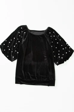 Clearance Dear-Lover Pearl Beaded Half Sleeve Velvet Top Black