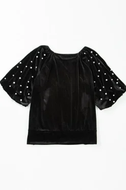 Clearance Dear-Lover Pearl Beaded Half Sleeve Velvet Top Black