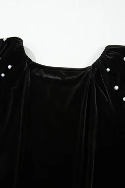 Clearance Dear-Lover Pearl Beaded Half Sleeve Velvet Top Black