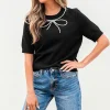 Online Dear-Lover Pearl Bow Necklace Embellished Short Sleeve Knitted T Shirt Black