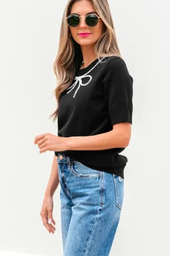 Online Dear-Lover Pearl Bow Necklace Embellished Short Sleeve Knitted T Shirt Black