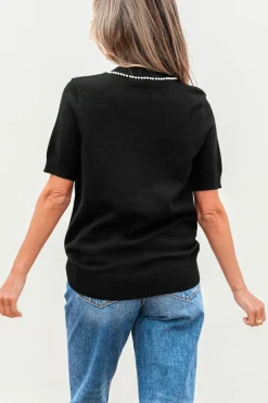 Online Dear-Lover Pearl Bow Necklace Embellished Short Sleeve Knitted T Shirt Black