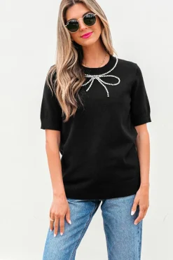 Online Dear-Lover Pearl Bow Necklace Embellished Short Sleeve Knitted T Shirt Black