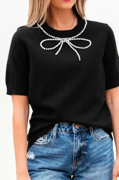 Online Dear-Lover Pearl Bow Necklace Embellished Short Sleeve Knitted T Shirt Black