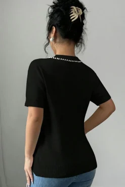 Online Dear-Lover Pearl Bow Necklace Embellished Short Sleeve Knitted T Shirt Black