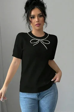 Online Dear-Lover Pearl Bow Necklace Embellished Short Sleeve Knitted T Shirt Black