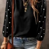 Clearance Dear-Lover Pearl Decor 3/4 Sleeve Crew Neck T Shirt Black