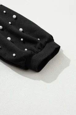 Clearance Dear-Lover Pearl Decor 3/4 Sleeve Crew Neck T Shirt Black