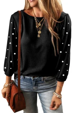 Clearance Dear-Lover Pearl Decor 3/4 Sleeve Crew Neck T Shirt Black