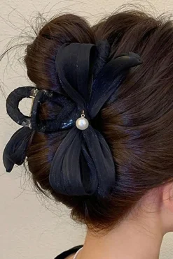 Fashion Dear-Lover Pearl Decor Bow Large Claw Clip Black