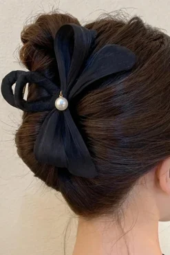 Fashion Dear-Lover Pearl Decor Bow Large Claw Clip Black