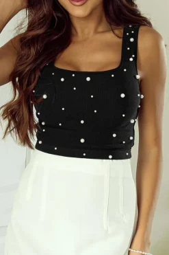 Clearance Dear-Lover Pearl Decor Square Neck Sleeveless Crop Top Black