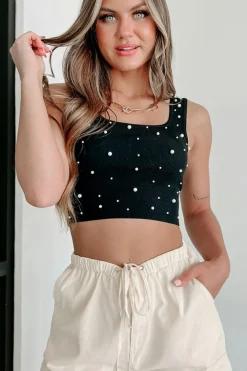 Clearance Dear-Lover Pearl Decor Square Neck Sleeveless Crop Top Black
