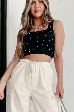 Clearance Dear-Lover Pearl Decor Square Neck Sleeveless Crop Top Black