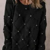 New Dear-Lover Pearl Embellished Rhombus Pattern Sweater Black