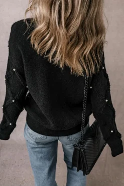 New Dear-Lover Pearl Embellished Rhombus Pattern Sweater Black