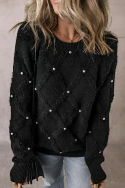 New Dear-Lover Pearl Embellished Rhombus Pattern Sweater Black