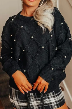 New Dear-Lover Pearl Embellished Rhombus Pattern Sweater Black