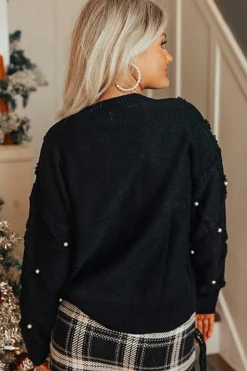 New Dear-Lover Pearl Embellished Rhombus Pattern Sweater Black
