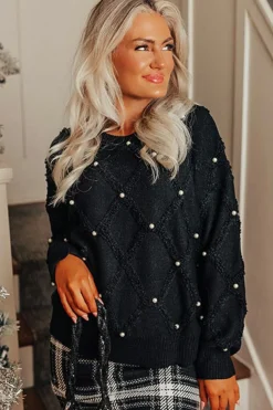 New Dear-Lover Pearl Embellished Rhombus Pattern Sweater Black