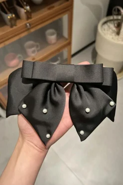 Clearance Dear-Lover Pearl Embellished Tiered Bowknot Hair Clip Black