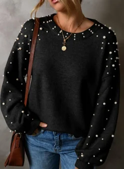 Fashion Dear-Lover Pearled Drop Shoulder Round Neck Sweater Black