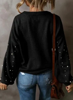 Fashion Dear-Lover Pearled Drop Shoulder Round Neck Sweater Black