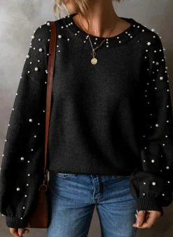 Fashion Dear-Lover Pearled Drop Shoulder Round Neck Sweater Black