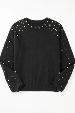 Fashion Dear-Lover Pearled Drop Shoulder Round Neck Sweater Black