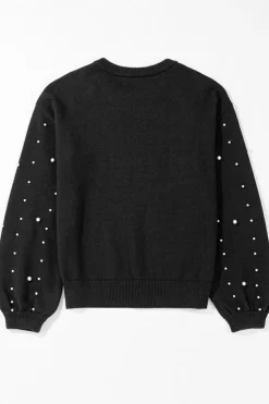 Fashion Dear-Lover Pearled Drop Shoulder Round Neck Sweater Black