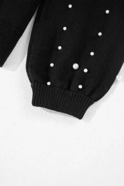 Fashion Dear-Lover Pearled Drop Shoulder Round Neck Sweater Black