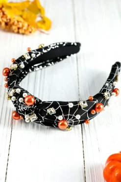 Discount Dear-Lover Pearled Rhinestone Knotted Spiderweb Halloween Headband Black