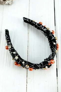Discount Dear-Lover Pearled Rhinestone Knotted Spiderweb Halloween Headband Black