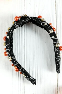 Discount Dear-Lover Pearled Rhinestone Knotted Spiderweb Halloween Headband Black