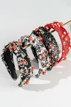 Discount Dear-Lover Pearled Rhinestone Knotted Spiderweb Halloween Headband Black