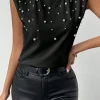 New Dear-Lover Pearls Beaded Shoulder Pad Crew Neck Tank Top Black