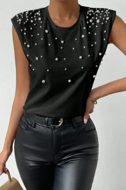 New Dear-Lover Pearls Beaded Shoulder Pad Crew Neck Tank Top Black