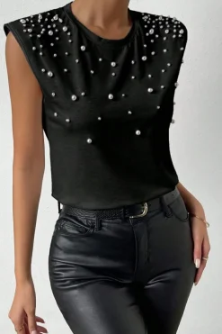 New Dear-Lover Pearls Beaded Shoulder Pad Crew Neck Tank Top Black
