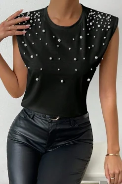 New Dear-Lover Pearls Beaded Shoulder Pad Crew Neck Tank Top Black