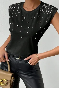 New Dear-Lover Pearls Beaded Shoulder Pad Crew Neck Tank Top Black