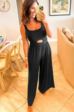 Hot Dear-Lover Peekaboo Wide Leg Square Neck Sleeveless Jumpsuit Black