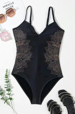New Dear-Lover Petal Print Crisscross Back Spaghetti Straps Swimsuit Black