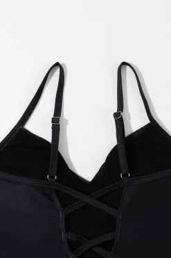 New Dear-Lover Petal Print Crisscross Back Spaghetti Straps Swimsuit Black