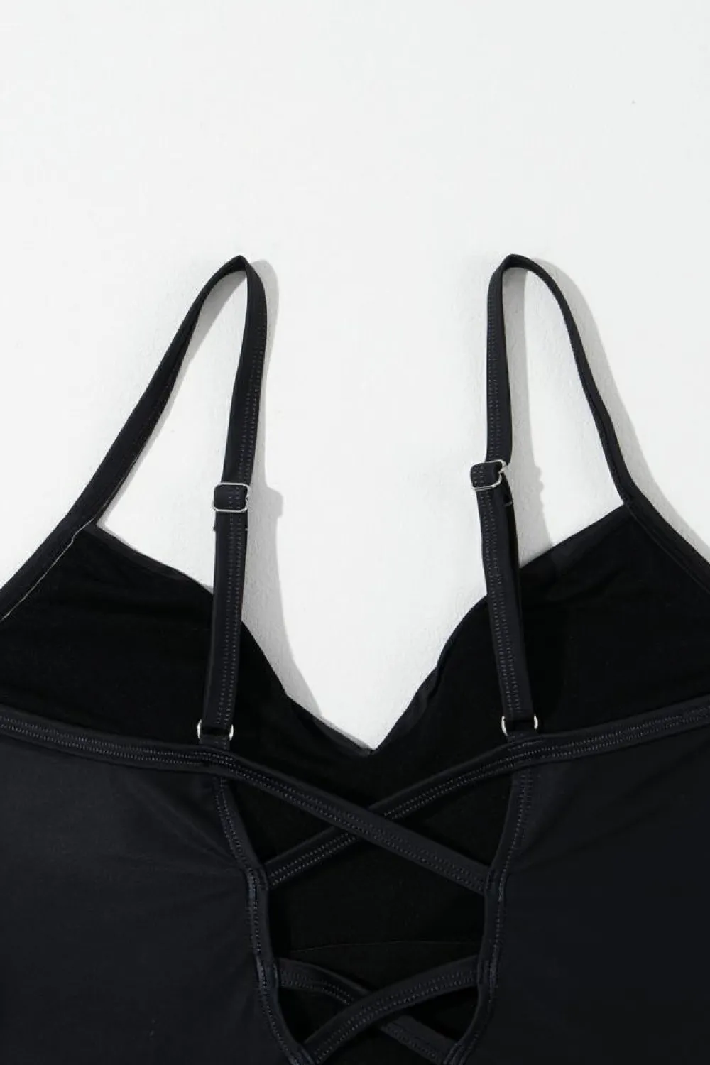 New Dear-Lover Petal Print Crisscross Back Spaghetti Straps Swimsuit Black
