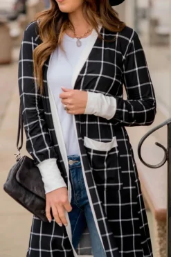 Online Dear-Lover Plaid Colorblock Edge Open Cardigan with Pocket Black